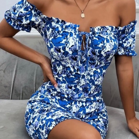 Boho Blue Floral Print Off Shoulder Bodycon Dress - Picture 1 of 16